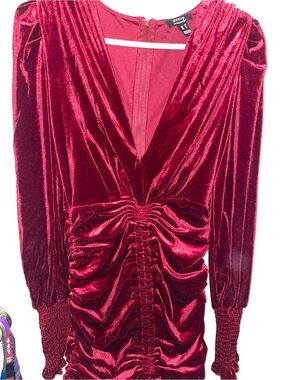 privy Deep Red Velvet Ruched V-Neck Mini Dress